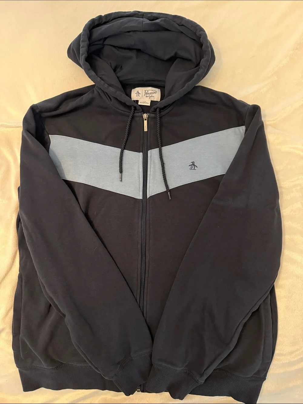 Original Penguin Navy Zip-Up Hoodie with Light Blue Chevron -Size Large